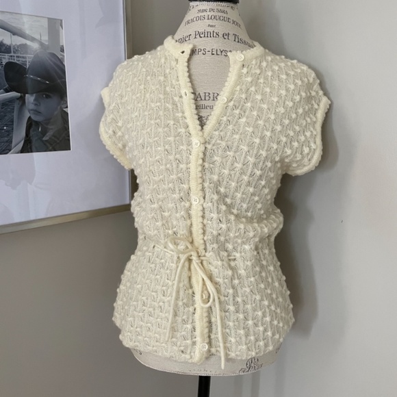 🎉True Vintage ✌️ivory 1970s hippie style button down tie waist knit sweater - Picture 10 of 12